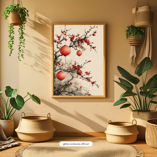 Japanese Cherry Blossom & Red Lantern Wall Art Poster | Elegant Asian-Inspired Home Decor