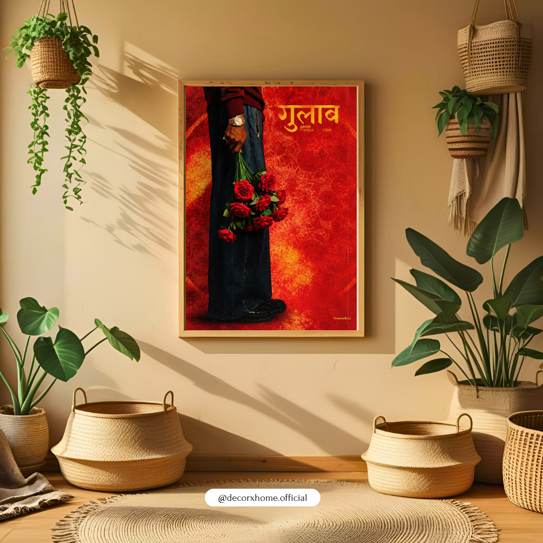 Gulab Romantic Hindi Typography Wall Art | Red Roses & Love Poster | Modern Indian Art | Decorxhome