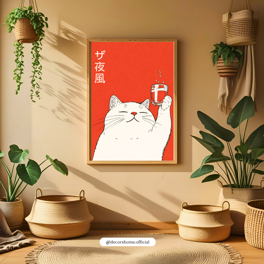Minimalist Japanese Cat Cheers Poster | Cute Anime Style Wall Art | Decorxhome