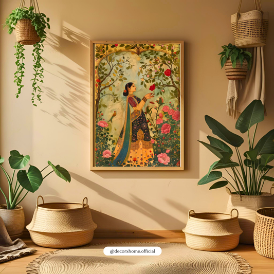 Royal Mughal Garden Lady Wall Art – Vintage Indian Miniature Painting Poster | Decorxhome