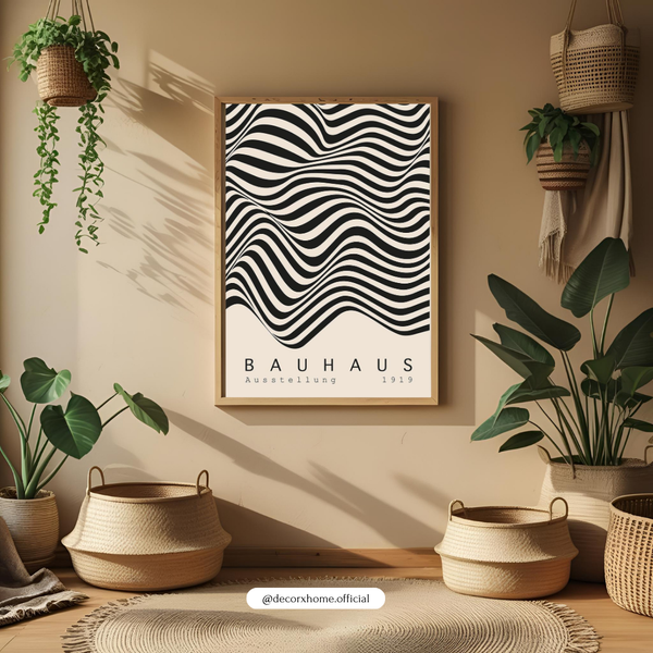 Bauhaus Wave Abstract – Minimal Black & White Wall Poster by Decorxhome