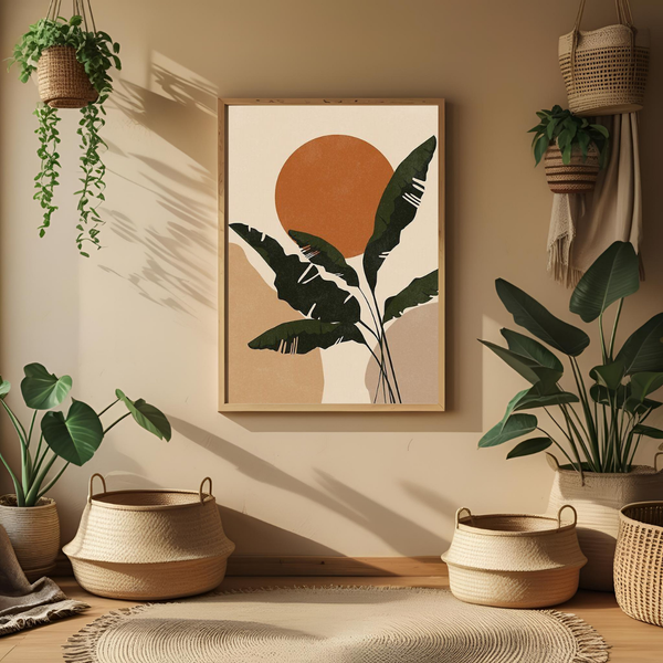 Boho Botanical Sun Wall Art with Frame – Minimalist Nature-Inspired Decor for Home & Office