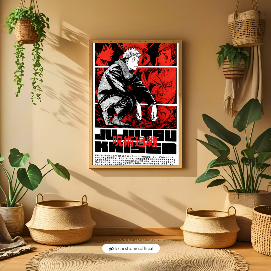 Jujutsu Kaisen Yuji Itadori Manga Poster | Red & Black Anime Wall Art for Otaku Rooms | Decorxhome