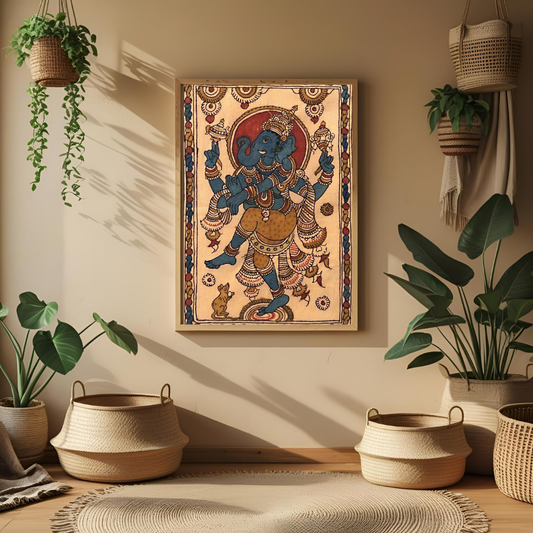Lord Ganesha Dancing Poster – Traditional Indian Kalamkari Folk Art 🎨🕉️