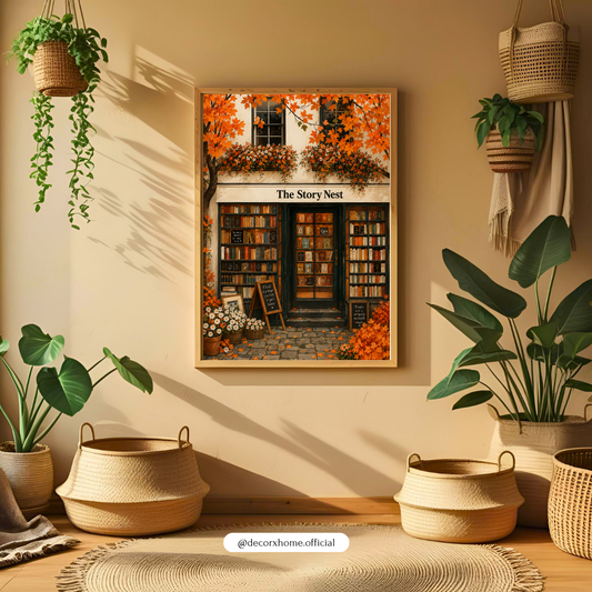The Story Nest Bookstore Poster – Cozy Autumn Bookshop Wall Art