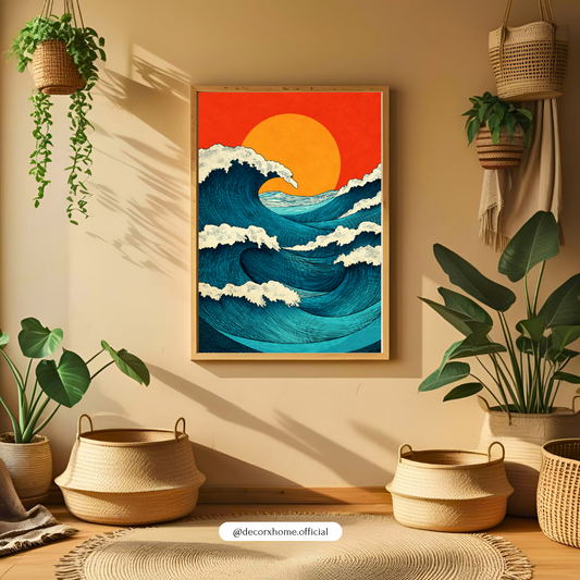 Japanese Great Wave Wall Art Poster | Vintage Ocean & Sunset Aesthetic – Decorxhome