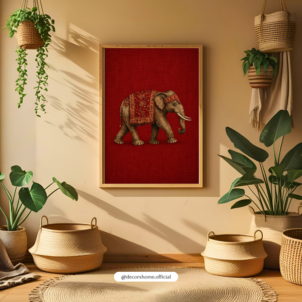 Royal Elephant on Crimson – Minimal Indian Heritage Wall Art Poster | DecorxHome