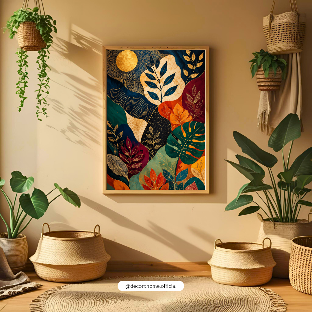 Abstract Botanical Wall Art | Blue & Gold Tropical Leaf Poster | Modern Luxury Nature Wall Decor | Decorxhome