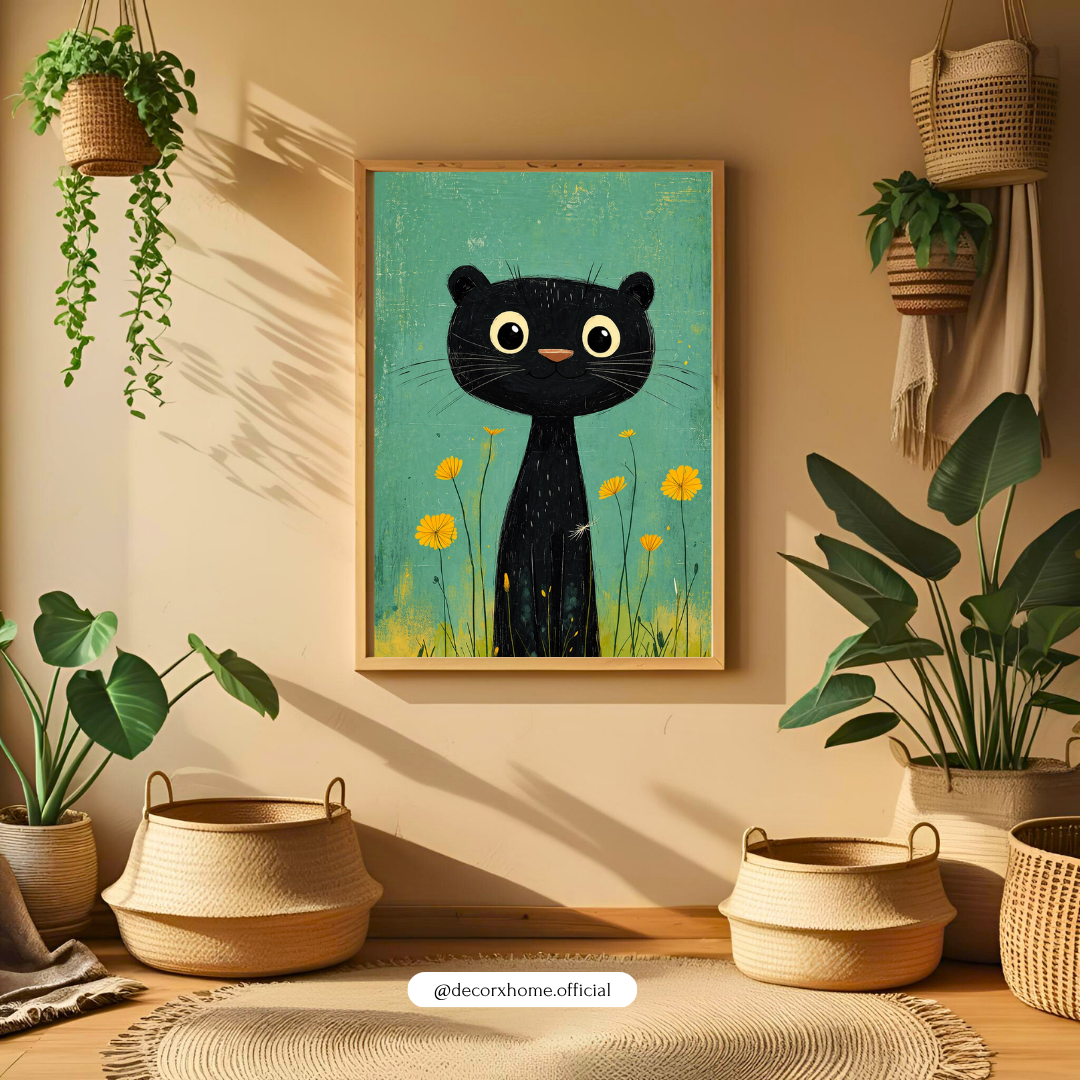 Cute Black Cat Wall Art Poster – Minimal Kids Room Decor | Aesthetic Animal Illustration (Framed Print)