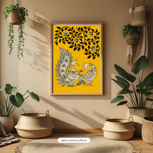 Madhubani Peacock Pair Poster – Traditional Indian Folk Art Wall Decor