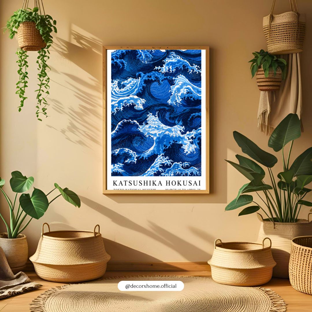 Japanese Ocean Waves Wall Art Poster | Hokusai-Inspired Coastal Blue Decor