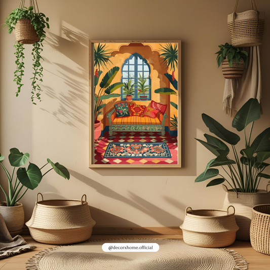 Boho Sunset Lounge Poster – Vibrant Cozy Interior Art Wall Decor