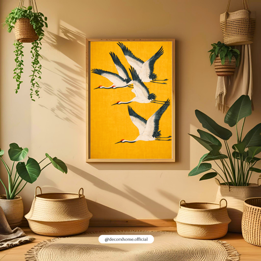 Golden Crane Flight Wall Art | Japanese Minimalist Bird Poster | Vibrant Yellow Nature Decor | Decorxhome