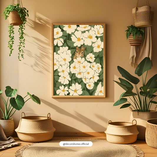 Decorxhome – Hidden Bunny Floral Meadow Wall Art Poster