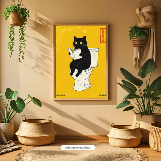 Kuro Neko Reading Cat Toilet Poster | Quirky Minimal Wall Art for Bathroom & Living Space – Decorxhome
