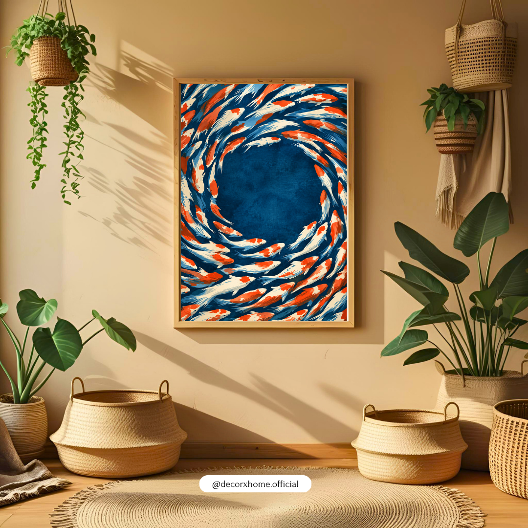 Koi Fish Swirl Wall Art | Japanese-Inspired Blue & Orange Fish Poster | Decorxhome