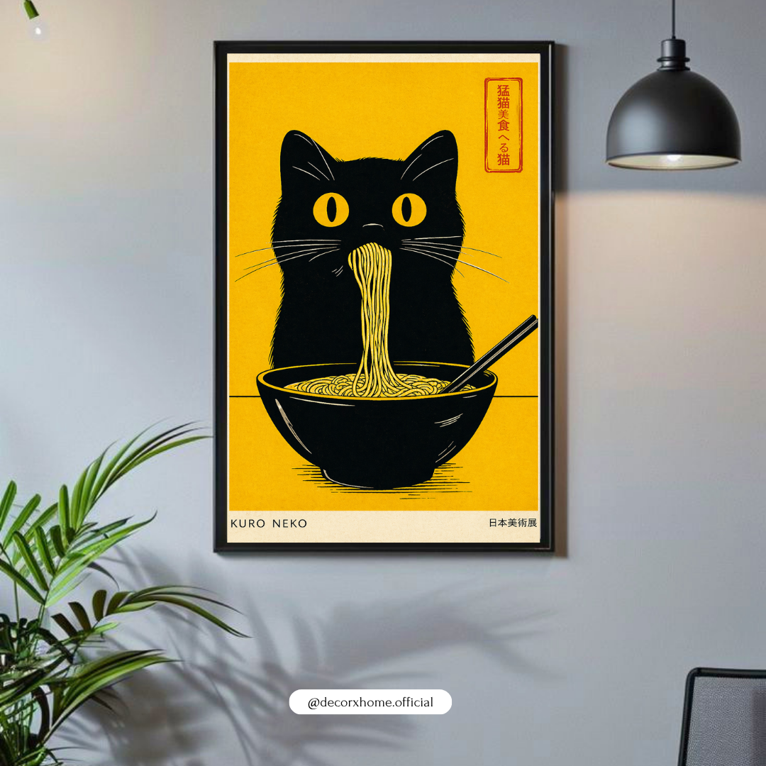 Ramen Cat Wall Art Poster – Japanese Style Funny Cat Print | Minimal Food Aesthetic Decor (Framed)