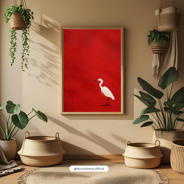 Minimalist White Heron Wall Art Poster – Bold Red Background Modern Bird Illustration | Decorxhome