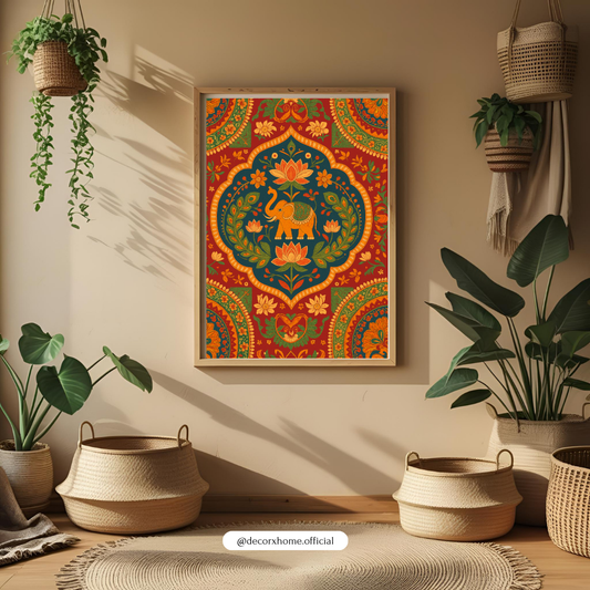 Lotus Elephant Mandala Poster – Vibrant Traditional Indian Art Wall Decor