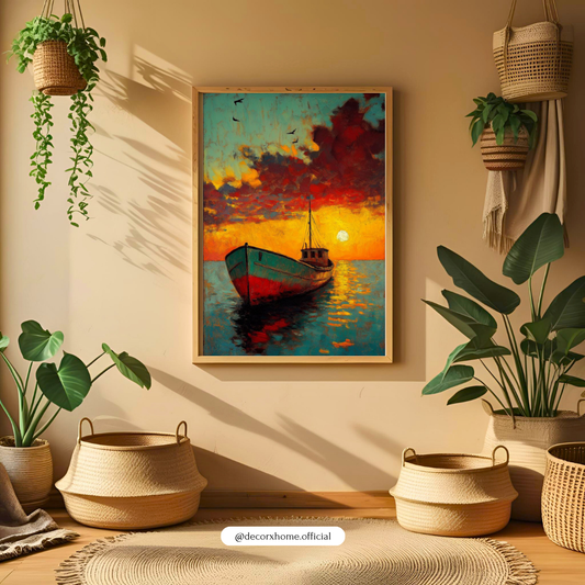 Golden Sunset Boat – Vibrant Ocean Landscape Wall Art Poster | DecorxHome