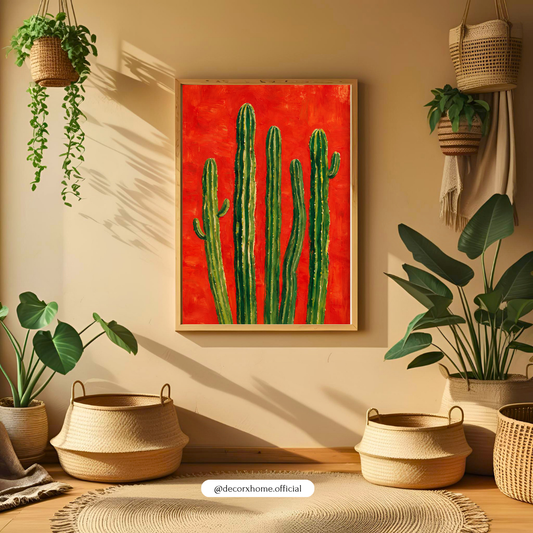 Green Cactus on Red Background Wall Art Poster | Modern Botanical Decor | Decorexhome