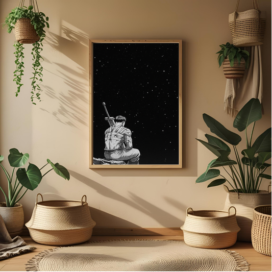 🌌 Lone Warrior Under the Stars Poster 🖼️ | Minimalist Night Sky Wall Art ⚔️✨