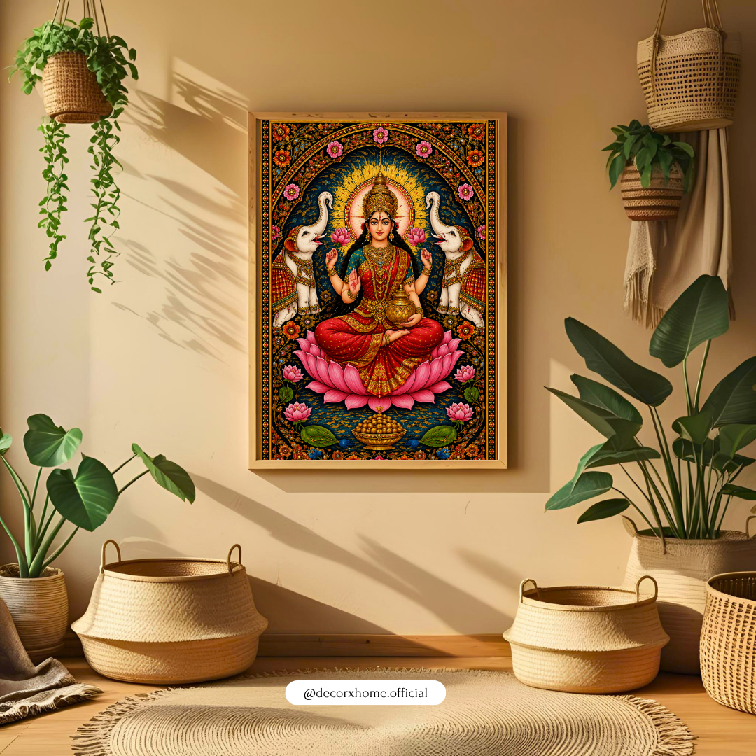 Goddess Lakshmi with Elephants Poster | Traditional Indian Goddess Wall Art | Lakshmi Devi Spiritual Decor | Decorexhome  Product Des