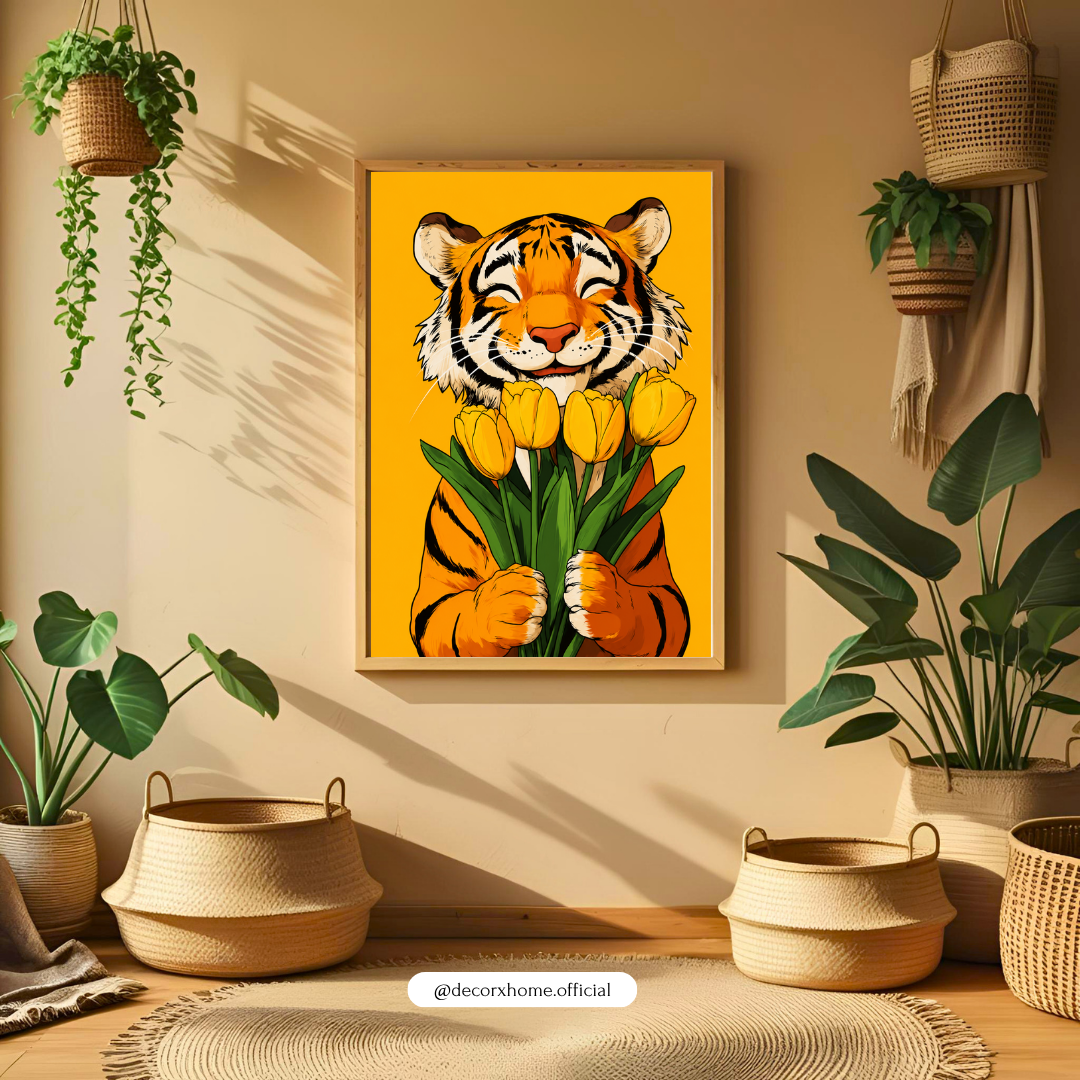 Decorexhome Happy Tiger with Tulips Wall Art Poster | Cute Animal Illustration Canvas Print | Playful Modern Home Decor