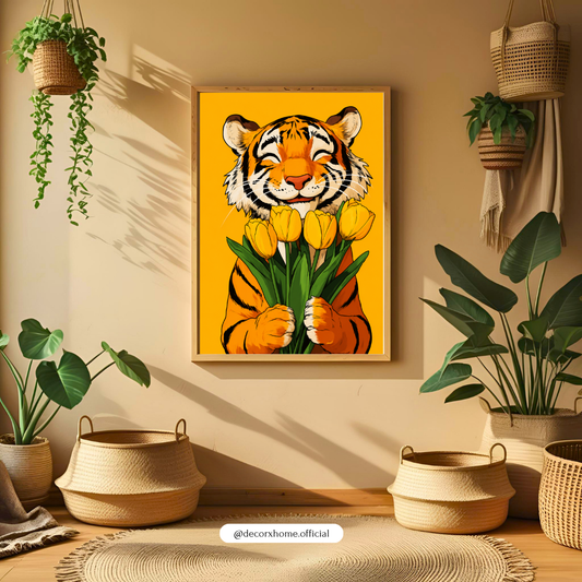 Decorexhome Happy Tiger with Tulips Wall Art Poster | Cute Animal Illustration Canvas Print | Playful Modern Home Decor