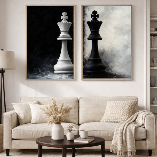 Decorxhome King & Queen Chess Wall Art Set of 2 | Modern Minimal Monochrome Poster Collection