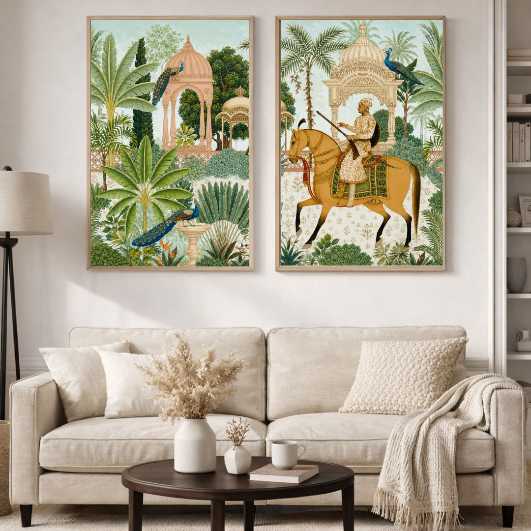 Decorxhome Royal Mughal Garden Wall Art Set of 2 | Vintage Peacock & Palace Poster Collection