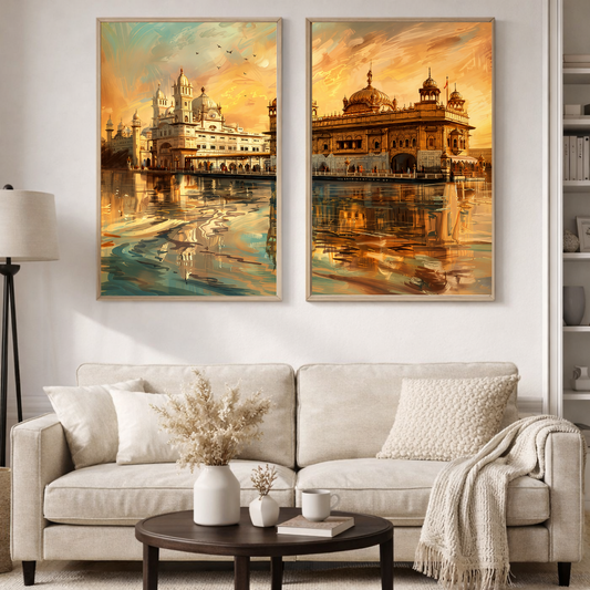 Decorxhome Golden Temple Reflection Wall Art Set of 2 | Spiritual Luxury Poster Collection