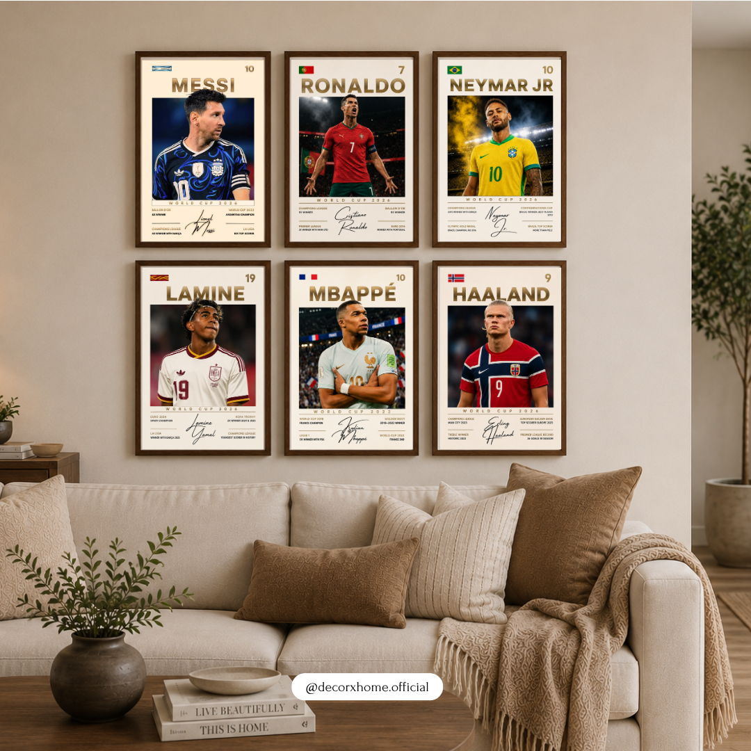Football Legends Collection Poster Set | Messi Ronaldo Neymar Mbappé Haaland Lamine Yamal Wall Art | Decorxhome