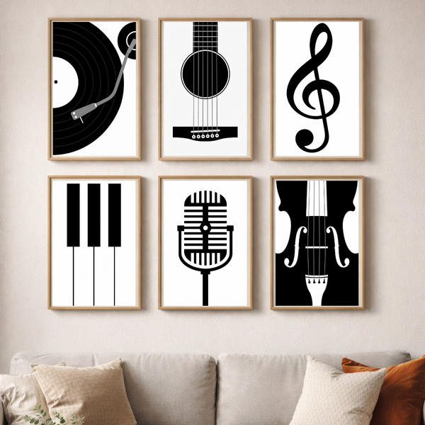 Music Symphony Collection – Modern Musical Instruments Wall Art Set (6-Piece Gallery Collection)