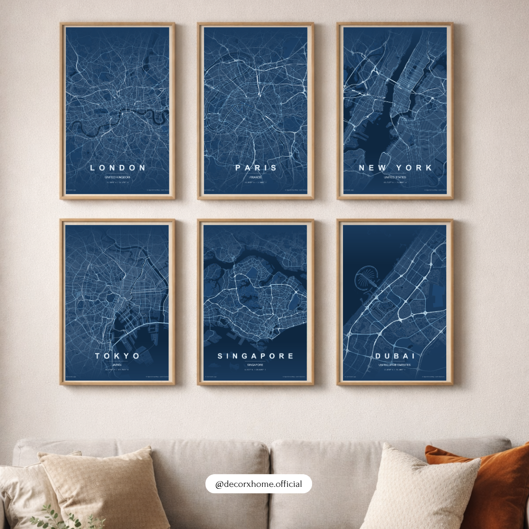 World Cities Blueprint Map Poster Set | London Paris New York Tokyo Singapore Dubai Wall Art | Modern City Map Prints | Decorxhome