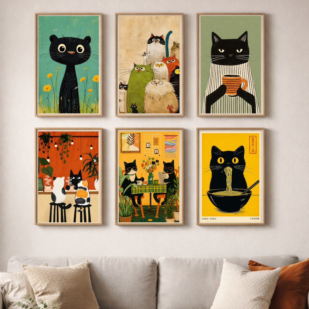 Whimsical Cat Café Collection – Playful Feline Wall Art Set (6-Piece Gallery Collection)