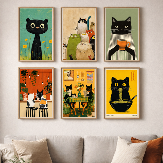 Whimsical Cat Café Collection – Playful Feline Wall Art Set (6-Piece Gallery Collection)