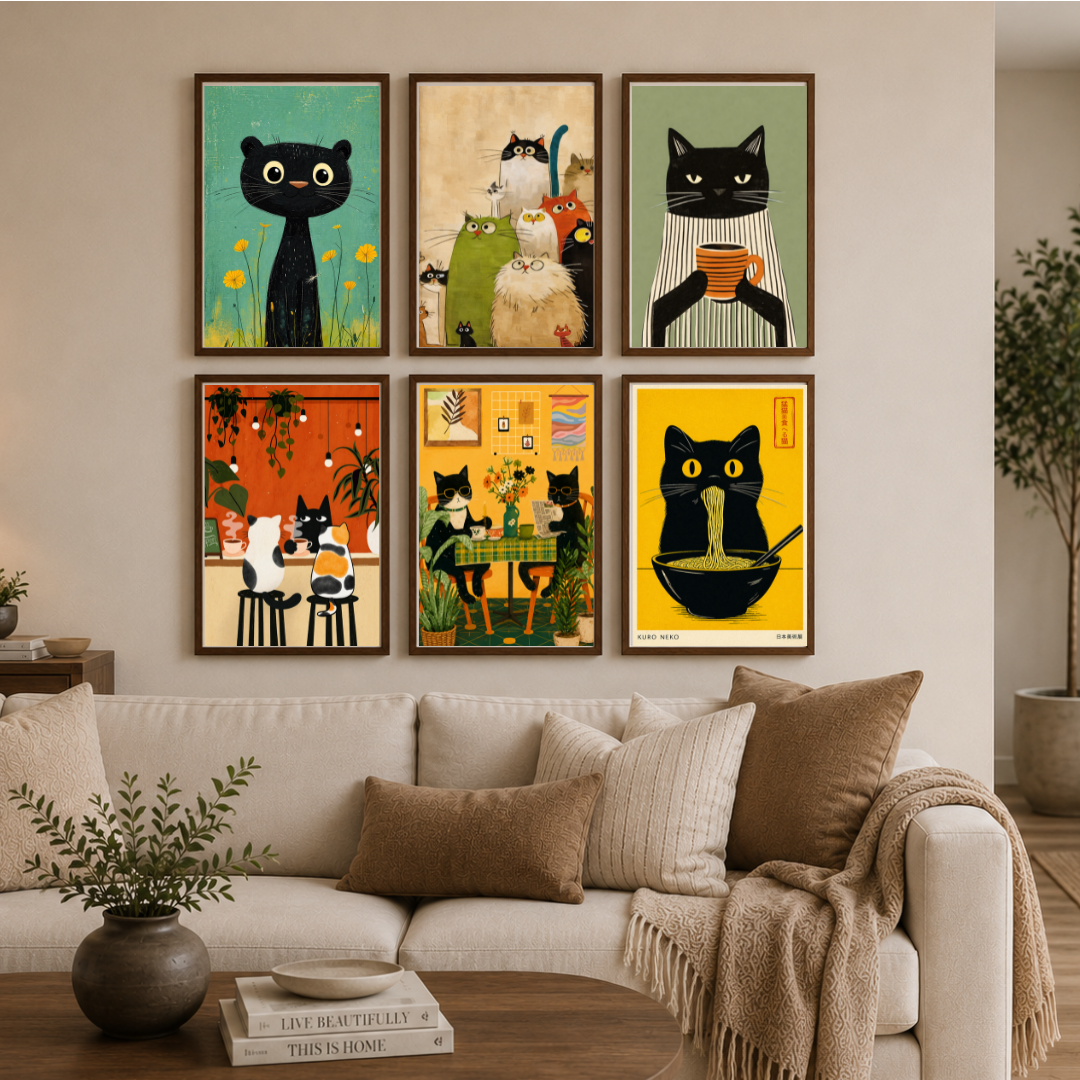 Whimsical Cat Café Collection – Playful Feline Wall Art Set (6-Piece Gallery Collection)