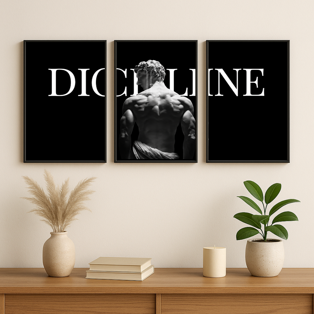 Discipline Motivational 3 Panel Wall Art Poster Set | Modern Monochrome Gym & Aesthetic Decor | DecorexHome