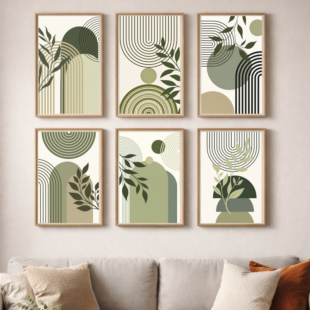 Olive Botanical Abstract Poster Set – Modern Scandinavian Geometric Wall Art (Set of 6) | Decorxhome