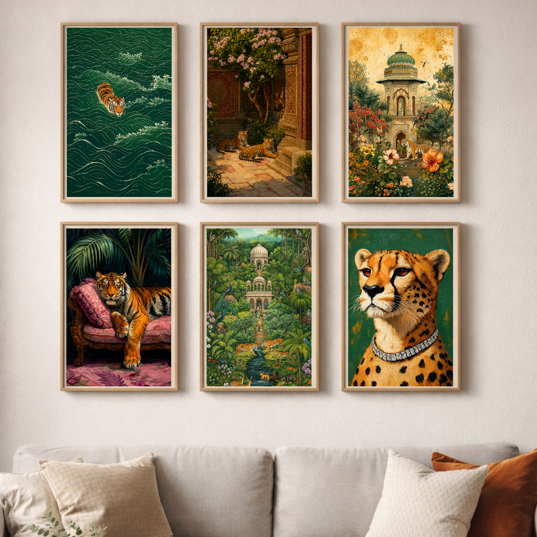 Royal Wilderness Collection – Luxury Wildlife & Botanical Wall Art Set (6-Piece Gallery Collection)