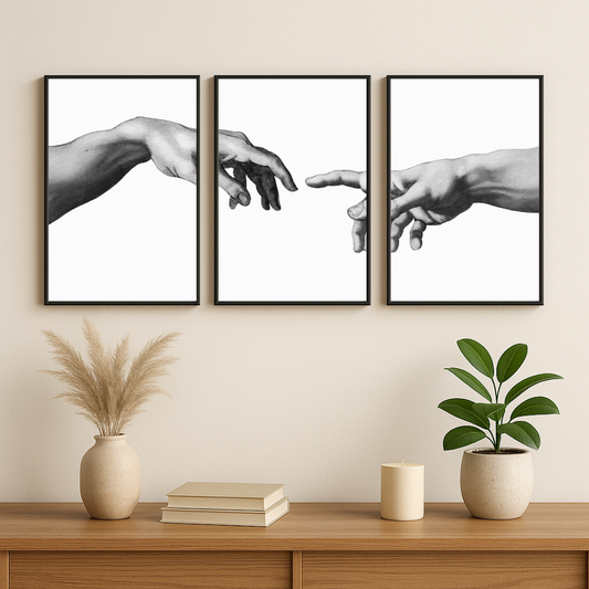 The Creation Hands 3 Panel Wall Art Poster Set | Minimal Monochrome Aesthetic Canvas Decor | DecorexHome