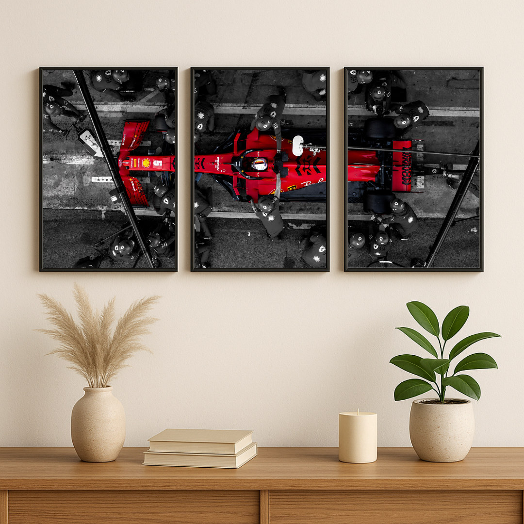 Ferrari F1 Pit Stop 3 Panel Wall Art Poster Set | Formula Racing Sports Car Decor | DecorexHome