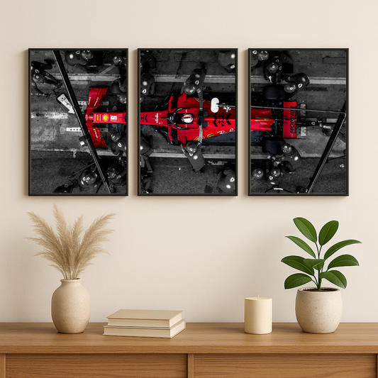 Ferrari F1 Pit Stop 3 Panel Wall Art Poster Set | Formula Racing Sports Car Decor | DecorexHome