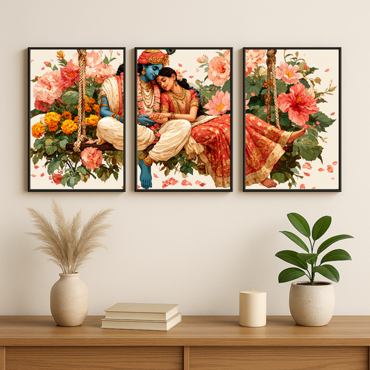 Radha Krishna Floral Swing 3 Panel Wall Art Poster Set | Traditional Indian Aesthetic Decor | DecorexHome