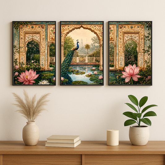 Decorxhome Peacock Lotus Palace Wall Art Set of 3 | Royal Botanical Indian Aesthetic Poster Collection