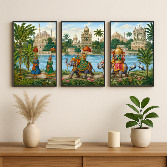Decorxhome Royal Elephant Procession Wall Art Set of 3 | Vintage Indian Palace Landscape Poster Collection