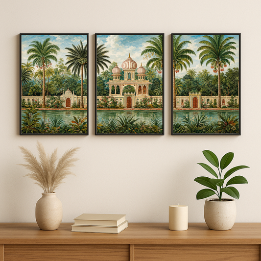 Decorxhome Tropical Palace Garden Wall Art Set of 3 | Vintage Botanical Landscape Poster Collection