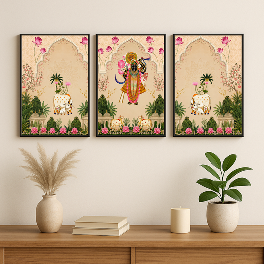 Decorxhome Divine Krishna Lotus Garden Wall Art Set of 3 | Spiritual Indian Aesthetic Poster Collection