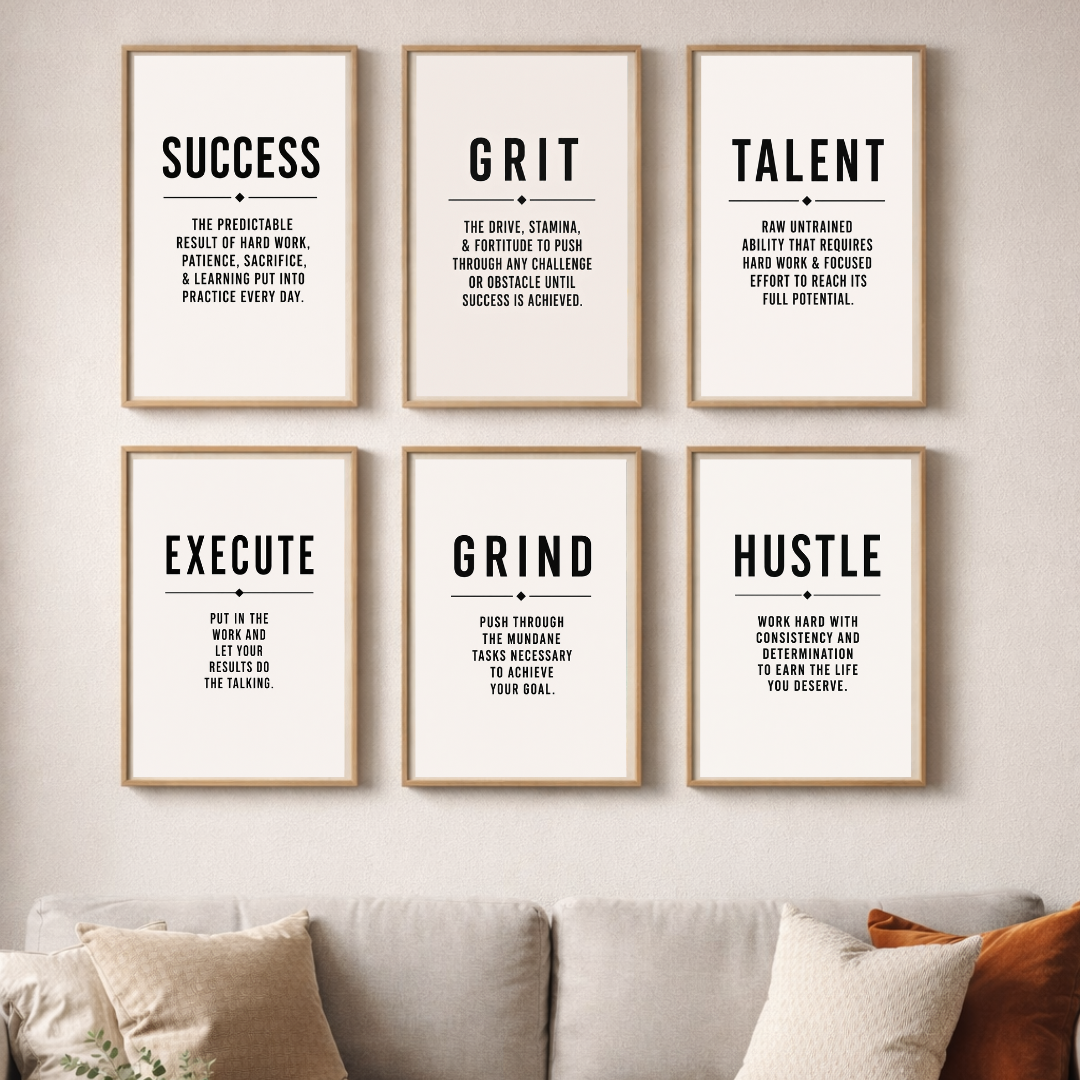 Success Mindset Motivational Poster Set – Success, Grit, Talent, Execute, Grind & Hustle Wall Art (Set of 6) | Decorxhome